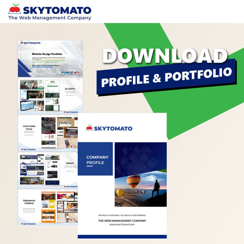 Promotional graphic from Skytomato offering a downloadable PDF of their Company Profile and Portfolio where users get to learn about digital marketing, website design presence and how to maintain online success for proposal building. A 'GET IT NOW' button is included for a quick access.